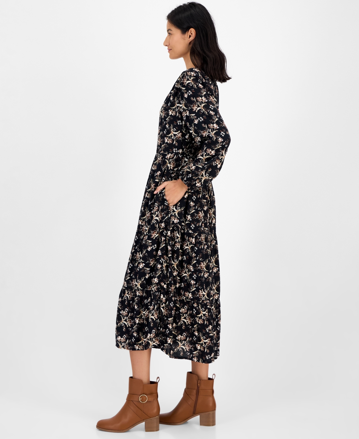 Style & Co Petite Essex Floral Tiered Button-front Dress, Macy's Exclusive In Black