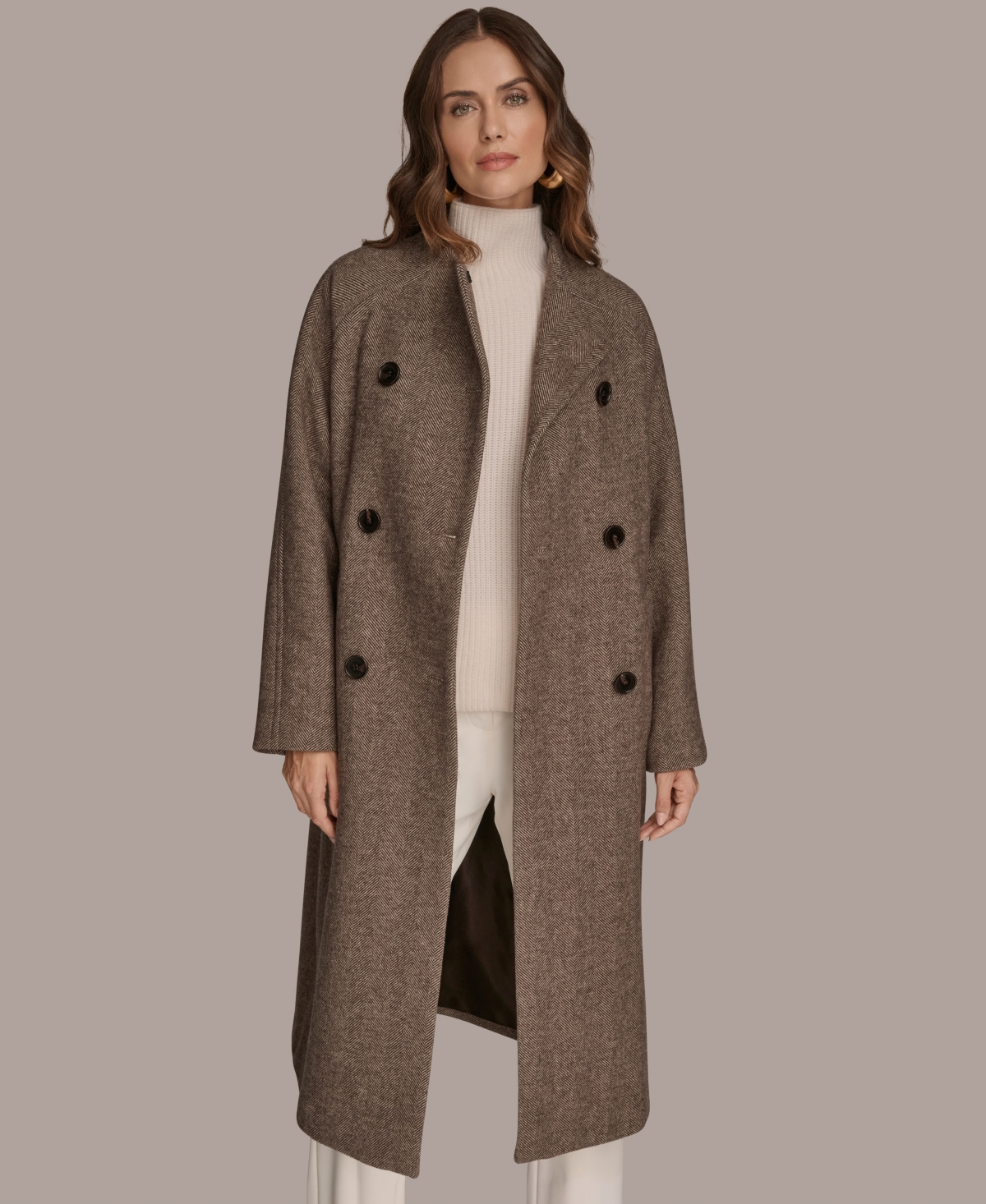 Donna Karan Women's Buttoned Maxi Wool-blend Coat In Brown