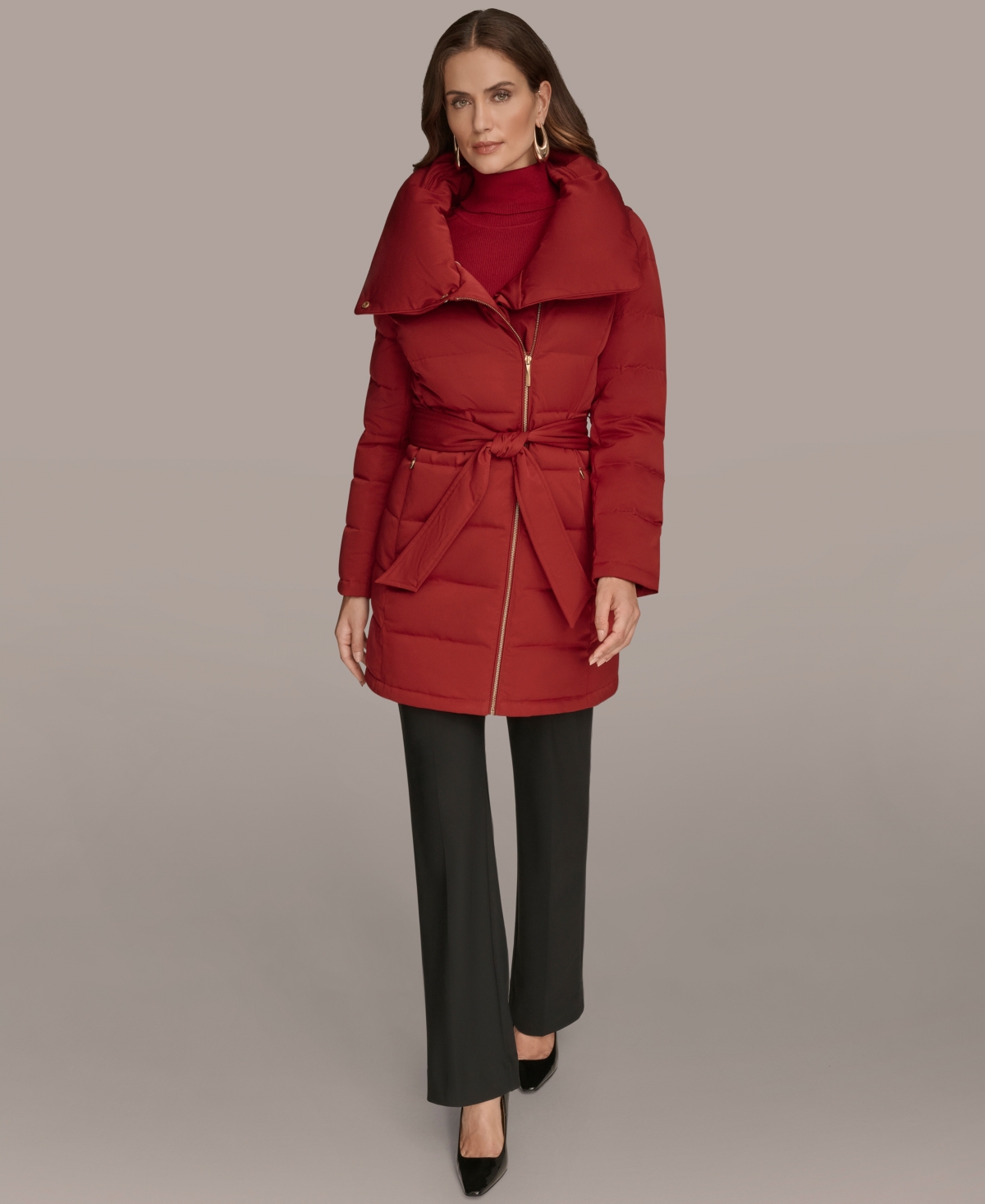 Donna Karan Women's Belted Asymmetric Puffer Coat In Red