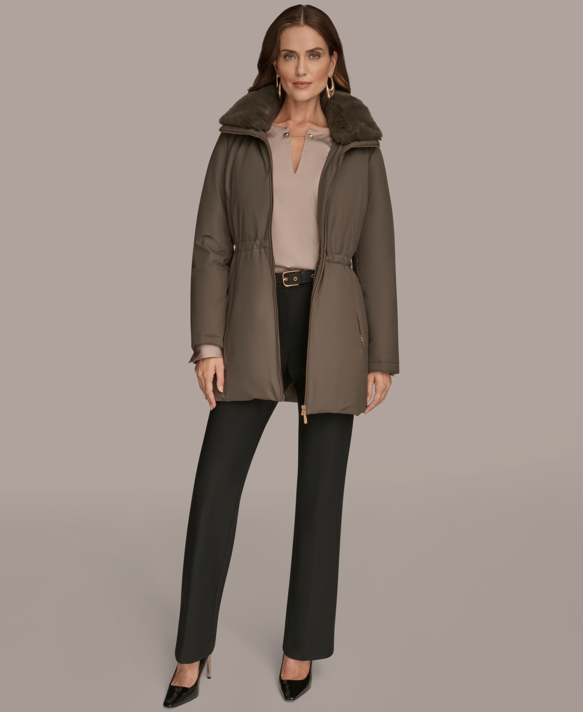 Donna Karan Women's Faux-fur-collar Short Puffer Coat In Brown
