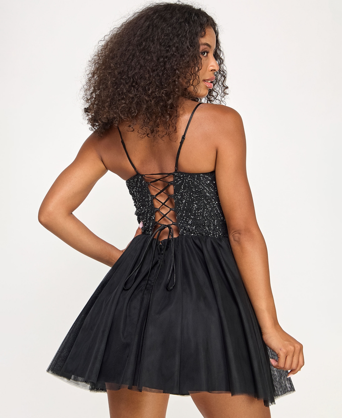 Seni & Cade Juniors' Sequin Top Tulle Bottom Short Dress In Black