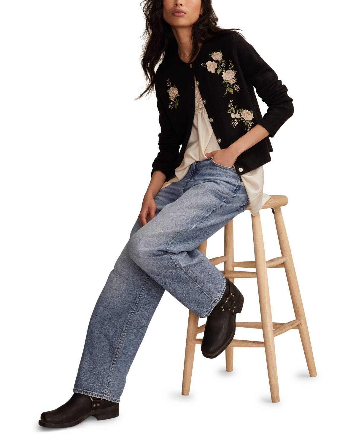 Lucky Brand Women's Cloud Soft Embroidered Crewneck Cardigan In Black