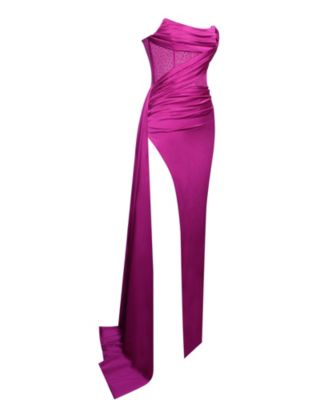 Women Holly Fuchsia Crystallized Corset High Slit Satin Gown