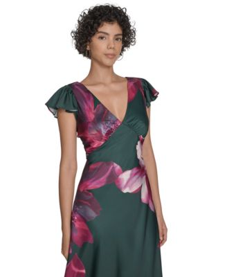 Women's Flutter Sleeve Satin Midi Dress