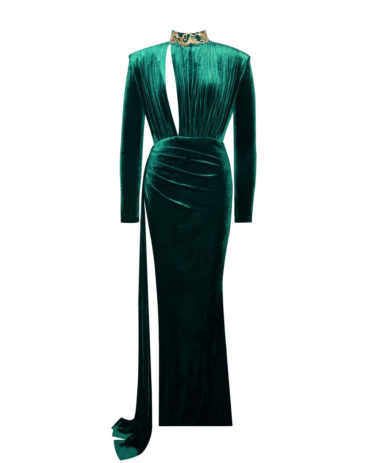 Женское платье Miss Circle Women Zenaida Emerald Green Cutout High Slit Velvet Gown, цвет: Изумрудный зелёный — фото 5