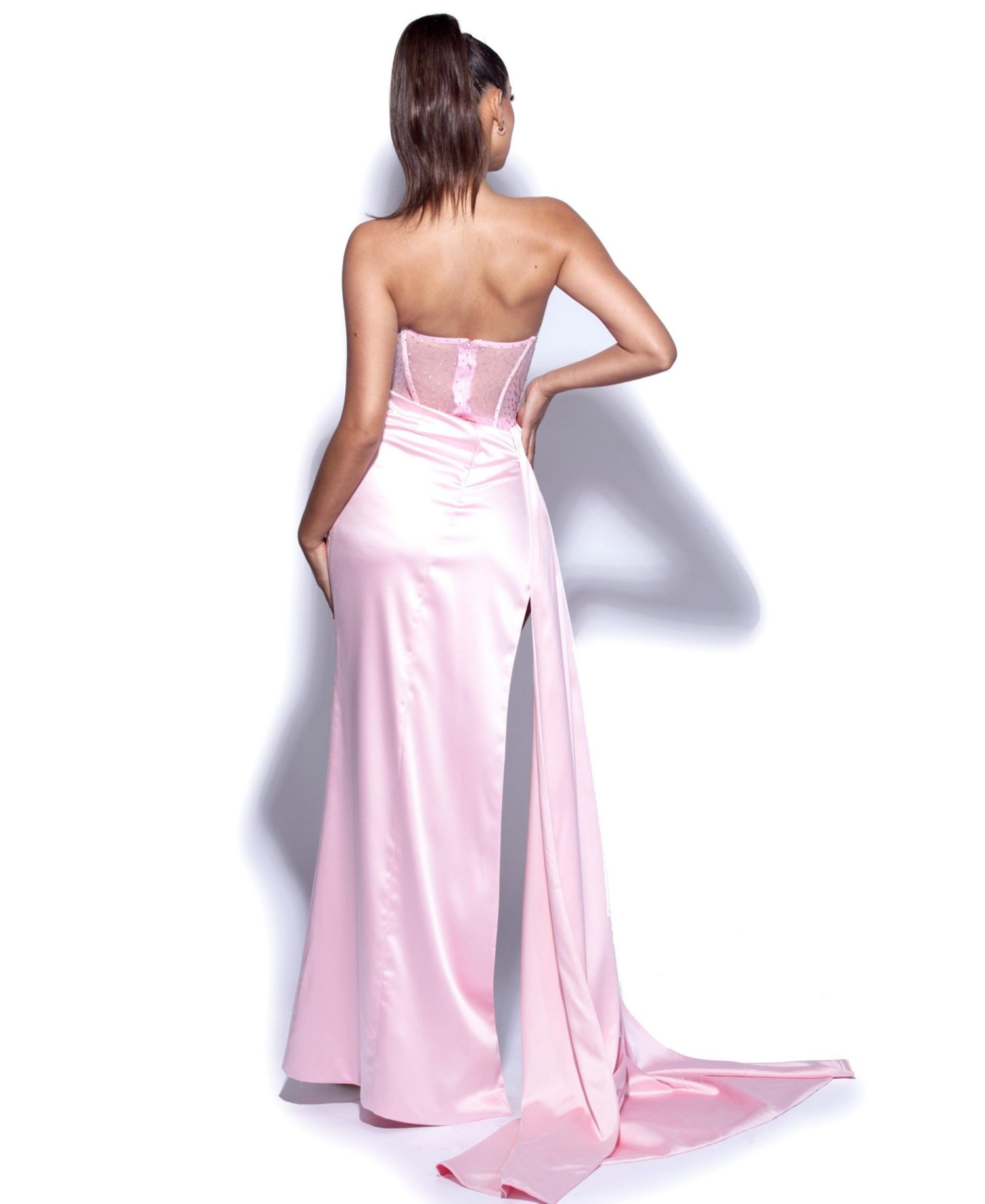 Women's Holly Pink Crystallized Corset High Slit Satin Gown
