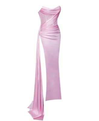 Women's Holly Pink Crystallized Corset High Slit Satin Gown