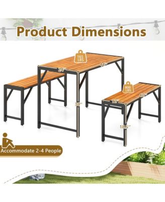 3 PCS Dining Set for 4 People Outdoor Picnic Table & 2 Benches w/ Metal Frame