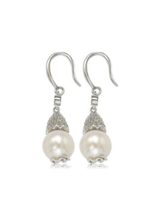 Suzy Levian Sterling Silver Pearl & White Sapphire Hook Earrings