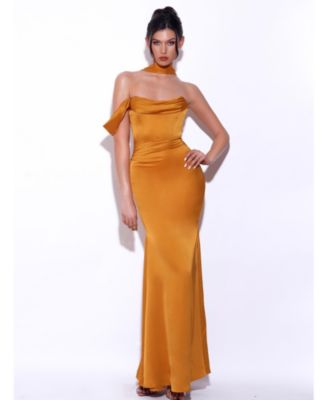 Women's Ivona Gold Halter Neck Double Duchess Satin Gown