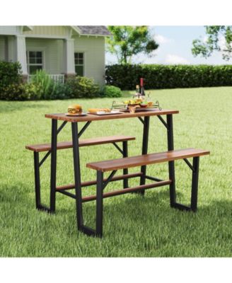 Outdoor Picnic Table for 4 Acacia Wood Rectangular Picnic Table w/ 2 Built-in Benches