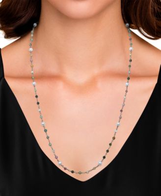 Cultured Freshwater Pearl (4-5mm) & Multicolor Tourmaline 24" Statement Necklace in Sterling Silver