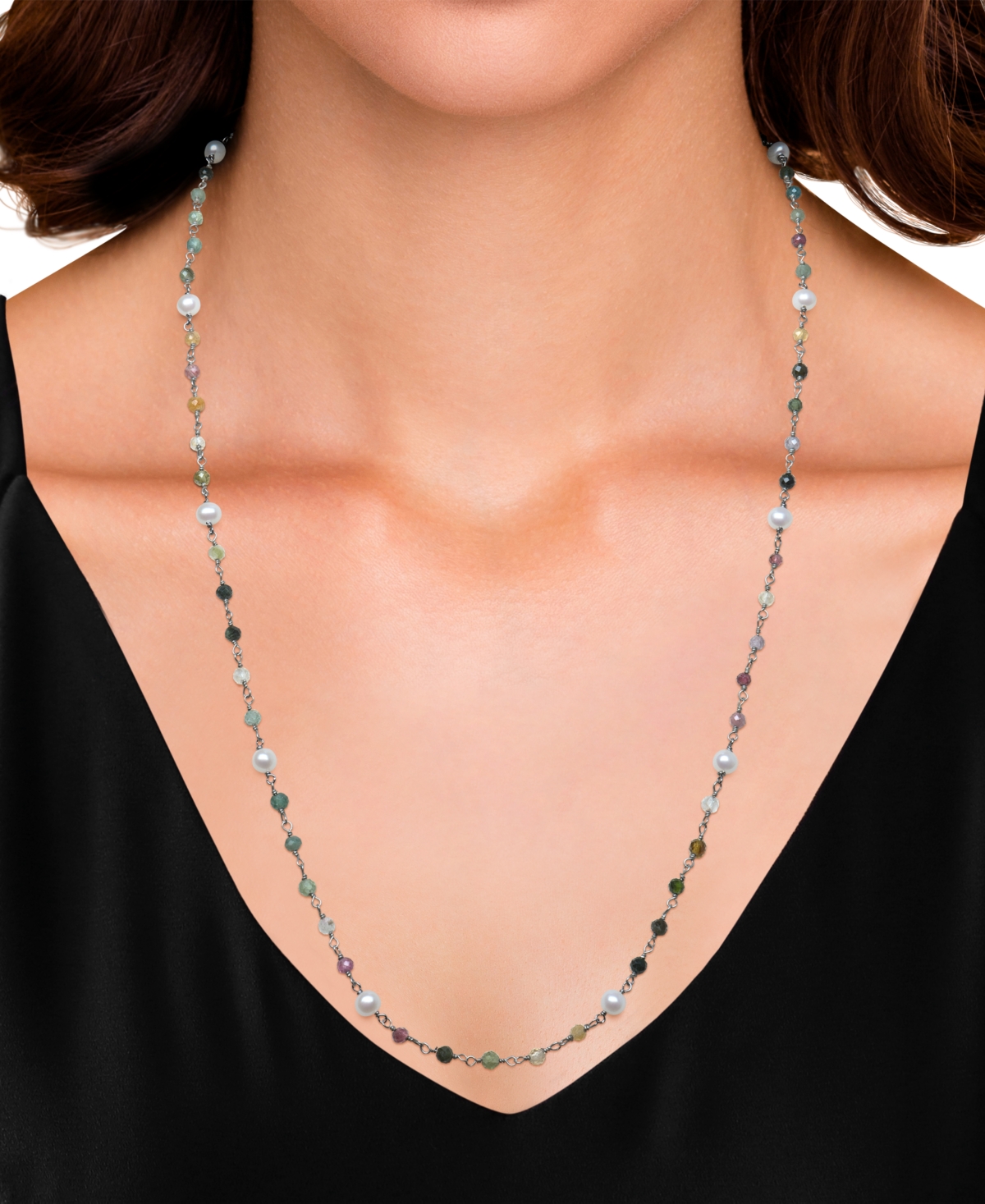 Macy's Cultured Freshwater Pearl (4-5mm) & Multicolor Tourmaline 24" Statement Necklace in Sterling Silver
