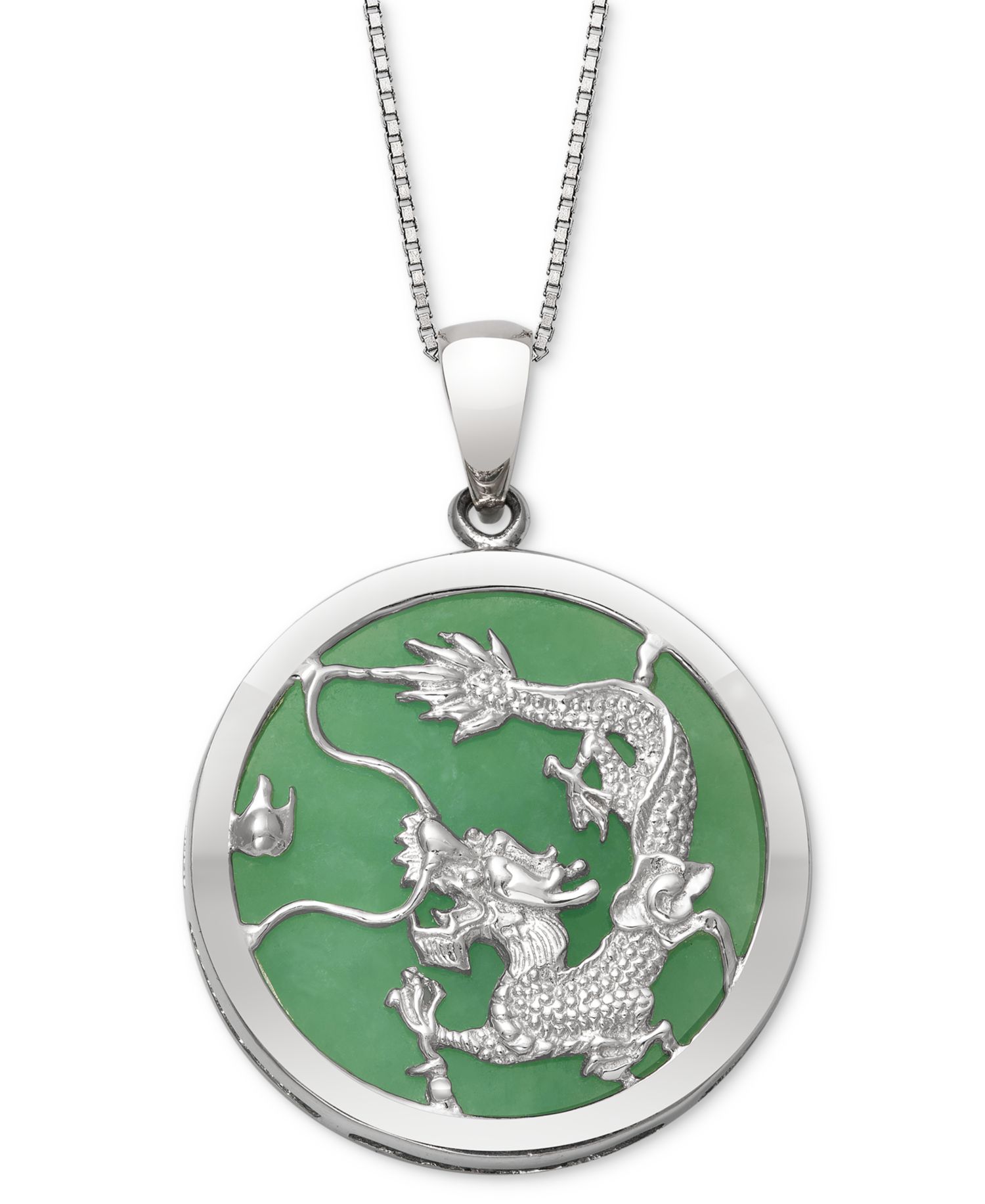 Dyed Green Jade Dragon Disc 18" Pendant Necklace in Sterling Silver