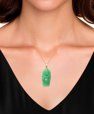 Dyed Green Jade Carved Buddha 18" Pendant Necklace in 14k Gold