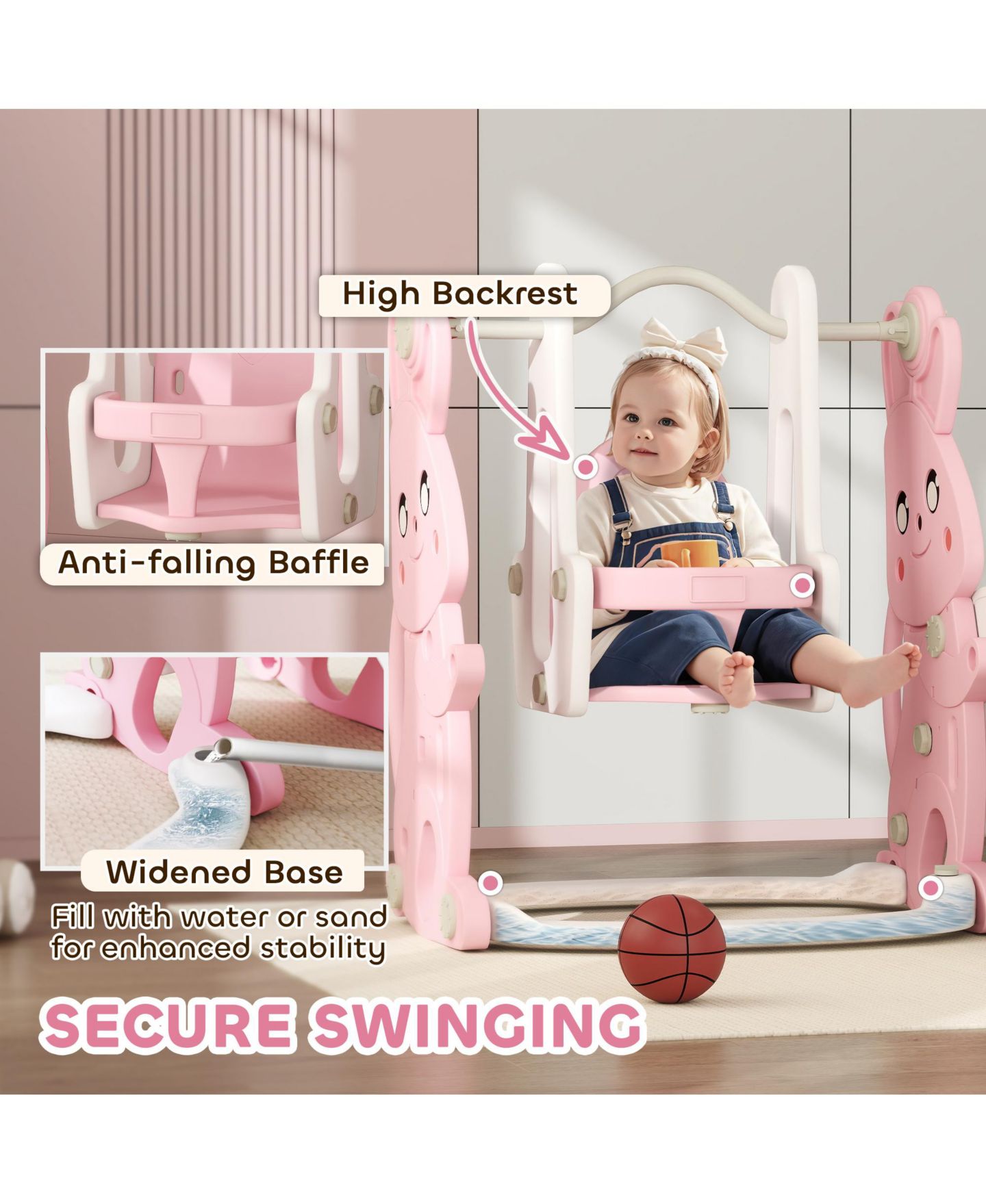 Детские игрушки Qaba 4-in-1 Toddler Slide and Swing Set with Climber and Basketball Hoop, Ages 18 Months+, цвет: Розовый — фото 6