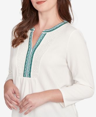 Petite Embellished Textured Split Neck Top