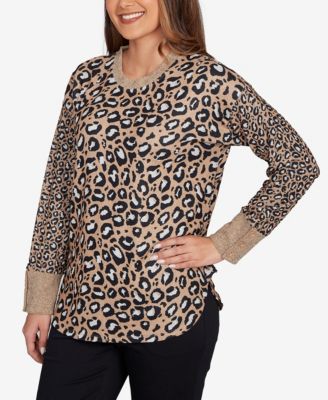 Petite Trimmed Cozy Animal Print Sweater 