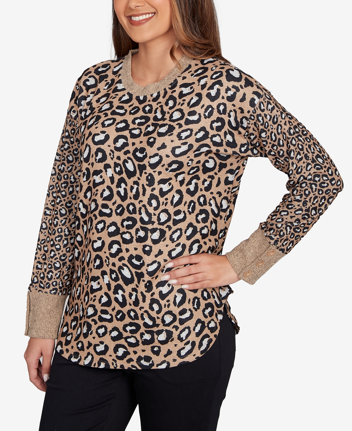 Ruby Rd. Petite Trimmed Cozy Animal Print Sweater In Brown