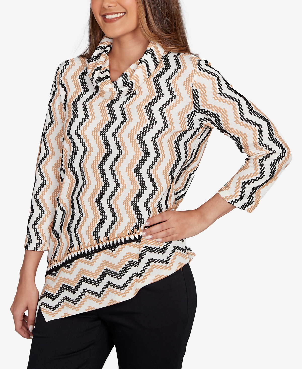 Ruby Rd. Petite Cowl Neck Zigzig Textured Knit Top In Animal Print