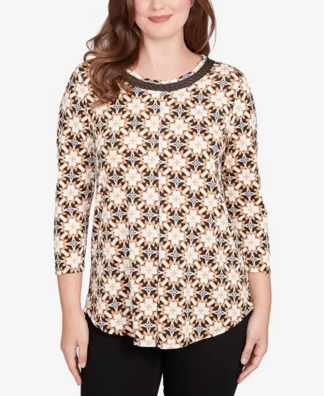 Petite Mesh Textured Geo Puff Print Top - Tan Multi