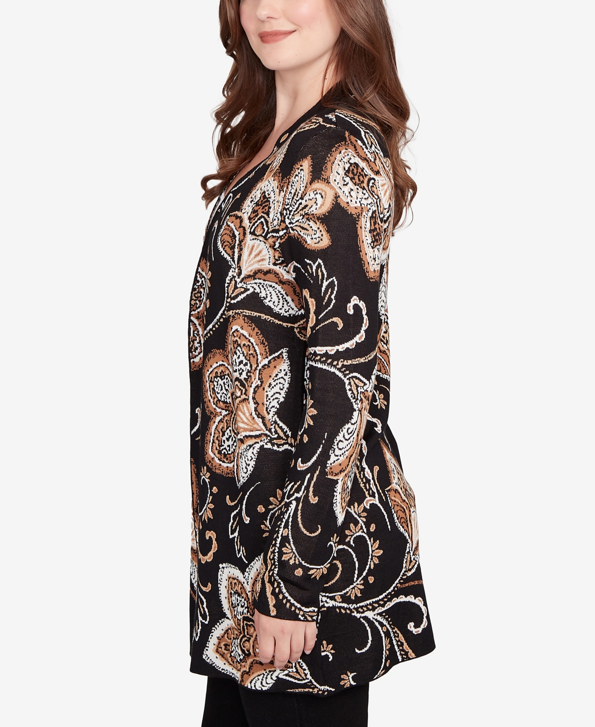 Ruby Rd. Petite Floral Jacquard Cardigan Sweater In Black