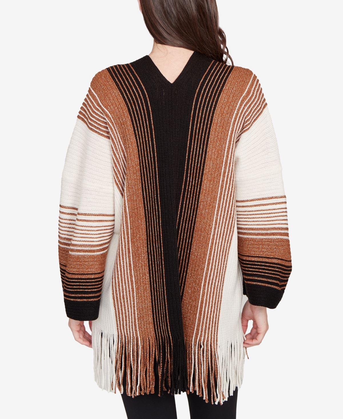 Ruby Rd. Petite Open Fringed Stripe Cardigan Sweater In Brown