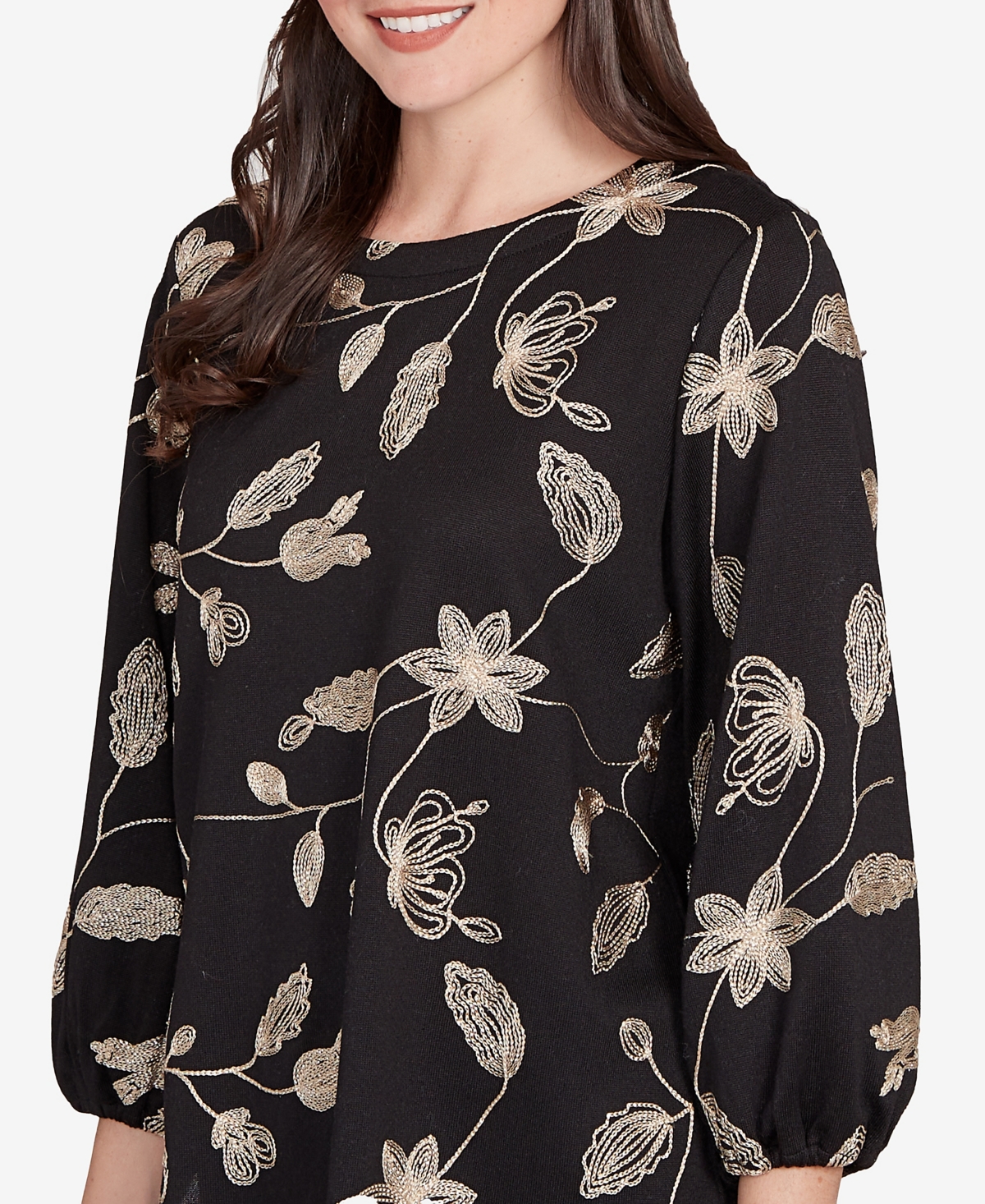 Ruby Rd. Petite Metallic Embroidered Floral Top In Black