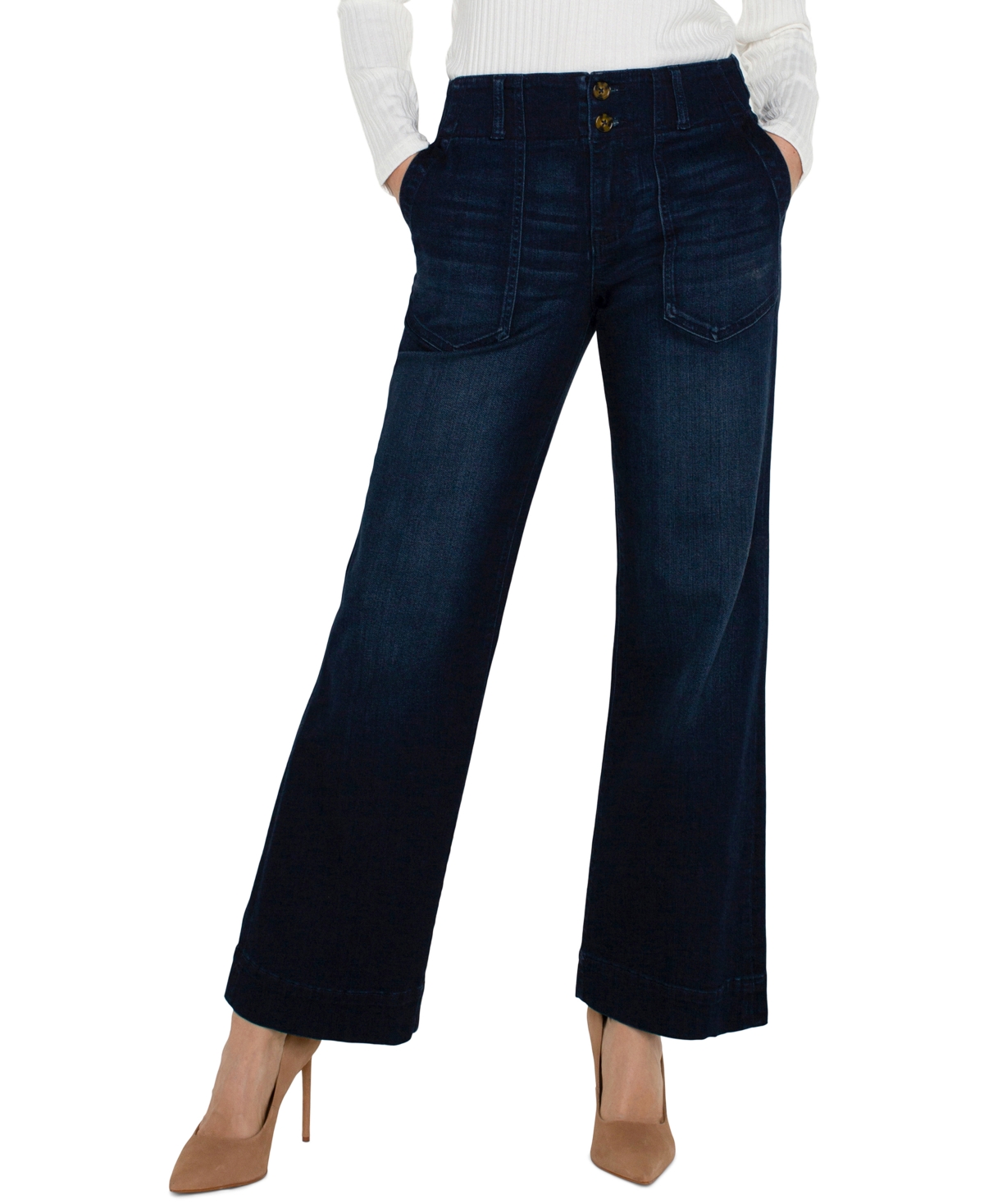 Liverpool Los Angeles Petite Mid Rise Wide Leg Pants In Blue