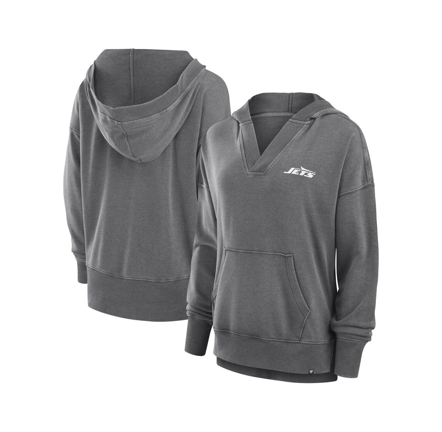 Women's Heather Charcoal New York Jets Initiative Snow Wash French Terry V-Neck Pullover Hoodie