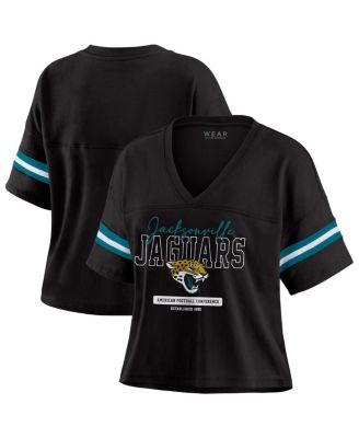 WEAR by Erin Andrews - Women's Black Jacksonville Jaguars Color Block Boxy Modest Crop V-Neck T-Shirt
