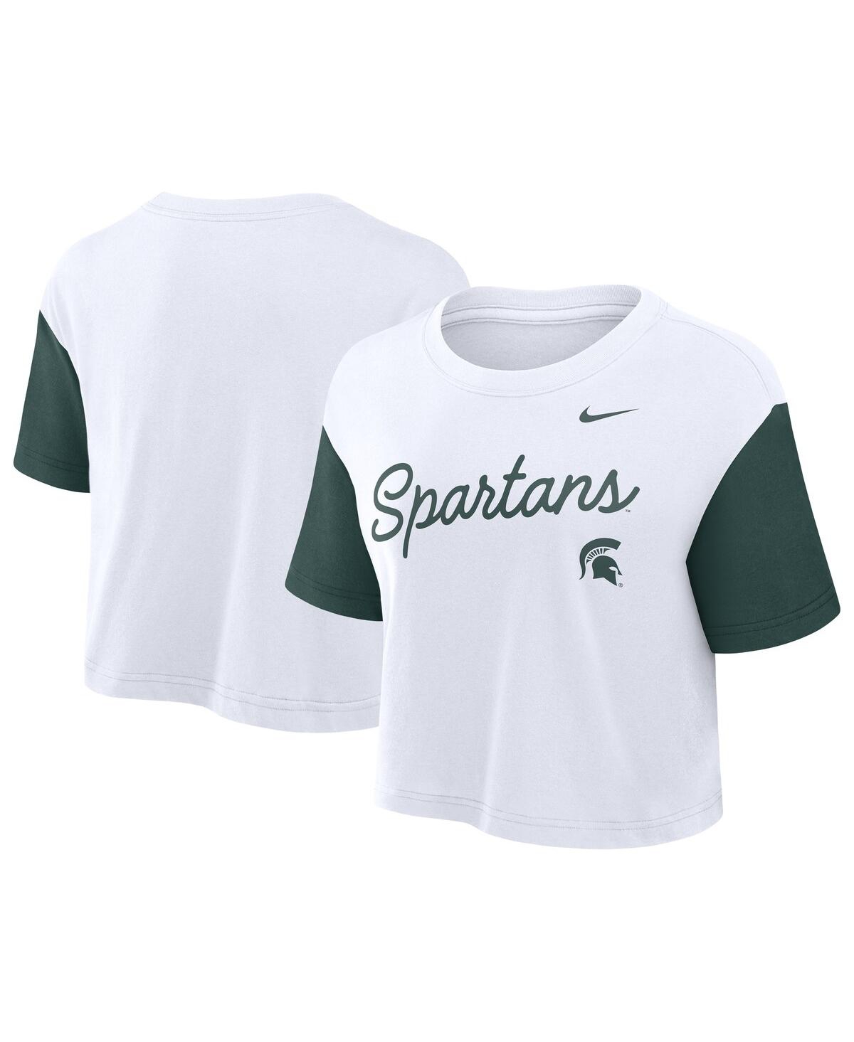 Nike Women's White/green Michigan State Spartans Color-block Script Performance Cropped T-shirt In Multi