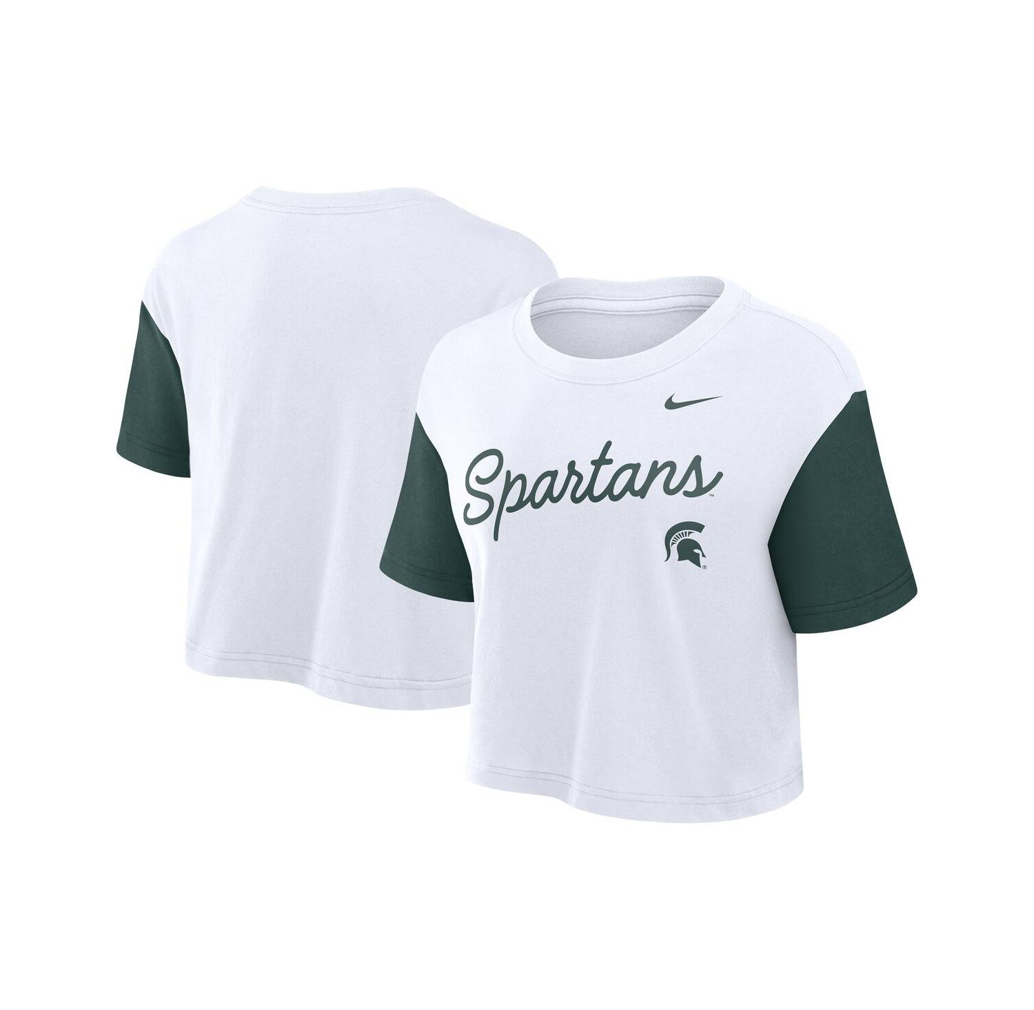 Women's White/Green Michigan State Spartans Color Block Script Performance Cropped T-Shirt