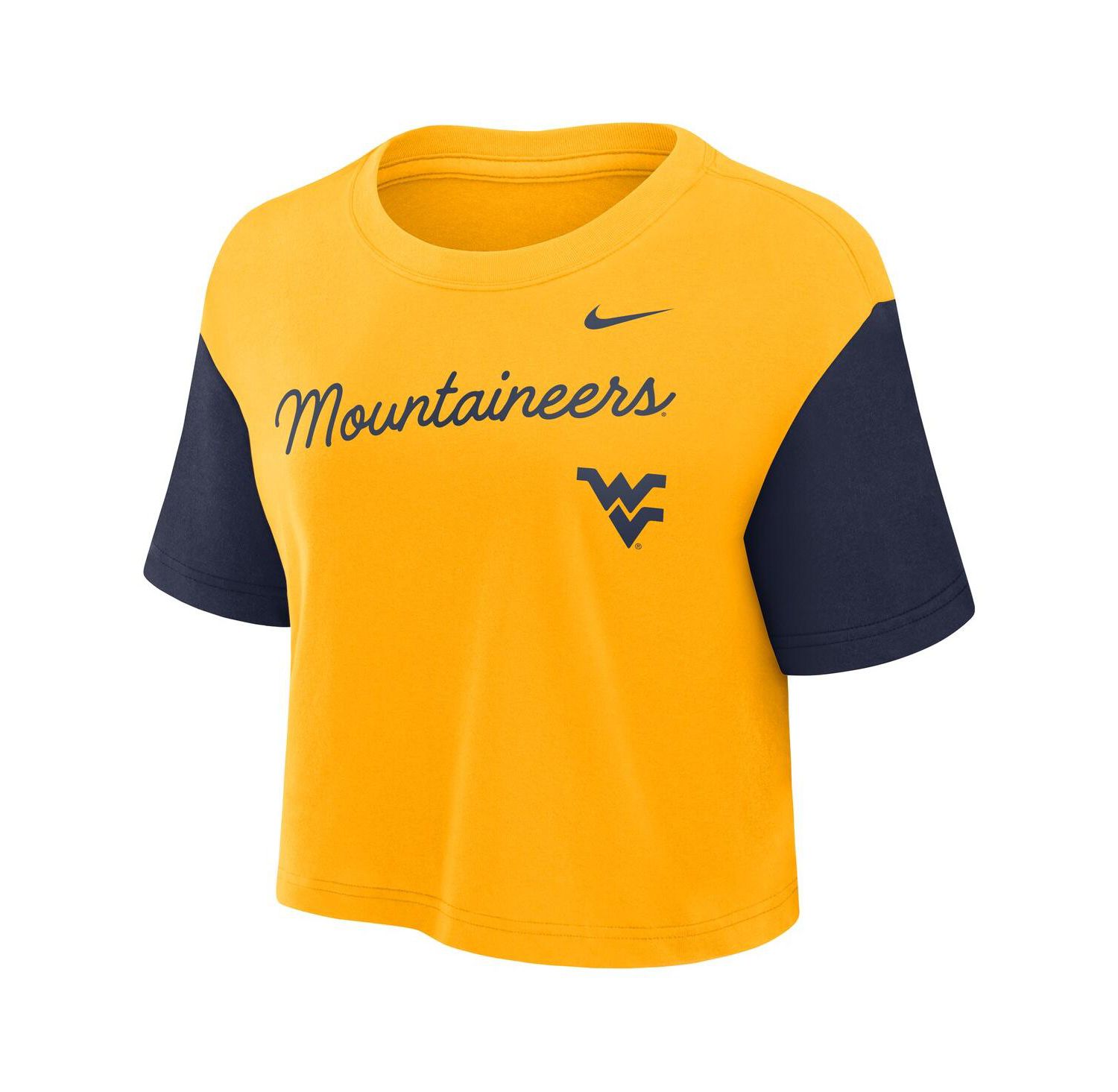 Women's Gold/Navy West Virginia Mountaineers Color Block Script Performance Cropped T-Shirt