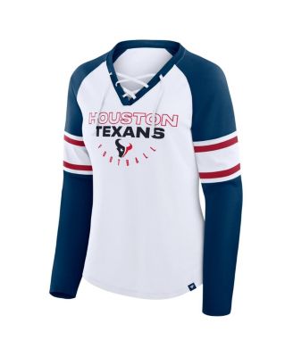 Women's White/Navy Houston Texans Redzone Blitz Package Raglan Lace-Up V-Neck Long Sleeve T-Shirt