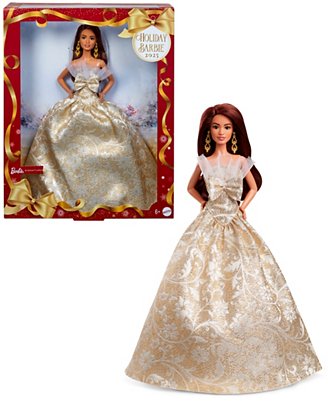 barbie with gold dress Holiday Signature Doll in Golden Yellow Christmas Barbie Collector Vintage Mattel GHT54 detailed belt and chandelier earrings 05405 Gold Barbie by Bob
