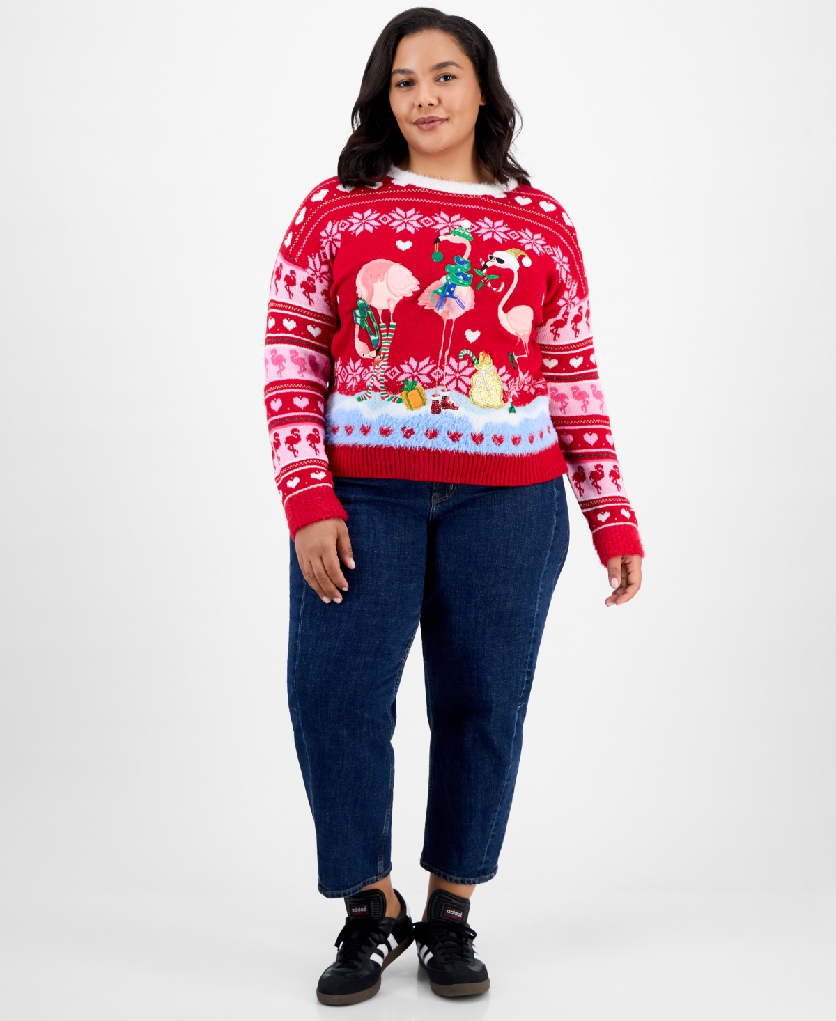 It's Our Time Trendy Plus Flamingo Ugly Xmas Sweater In Red
