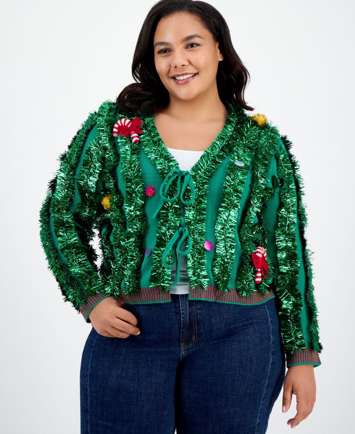 It's Our Time Trendy Plus Cropped Tinsel Long-sleeve Cardigan In Green