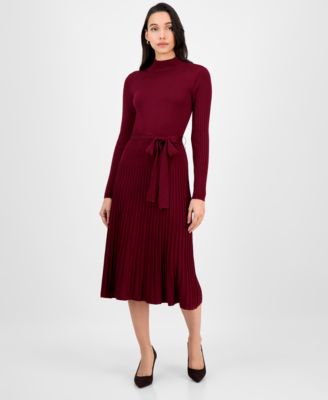 Women's Tie-Front Pleated Mock-Neck Sweater Dress