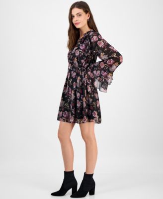 Women's Flare-Sleeve Ruffled Dark Rose Mini Dress
