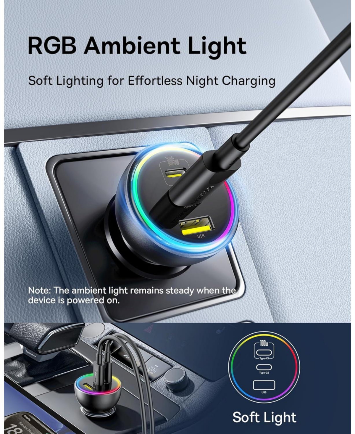 Baseus 152.5W Usb C Car Charger, Baseus Super Fast Charging 3 Ports Car Charger, PD3.0 QC4.0 Ultra Compact Rgb Fast Type C Car PhoneCharger Adapter