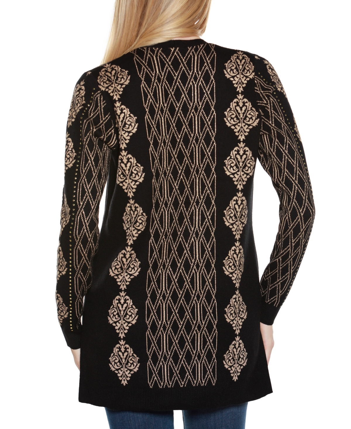 Belldini Plus Size Lurex Jacquard Open-front Cardigan Sweater In Black