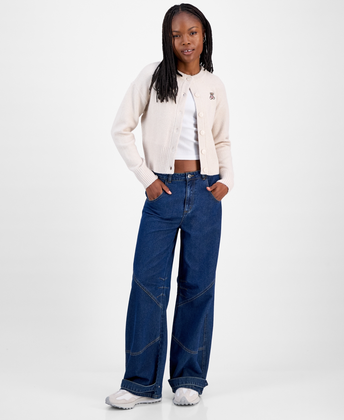 Hooked Up By Iot Juniors' Teddy Bear-embroidered Crewneck Cardigan In Neutral