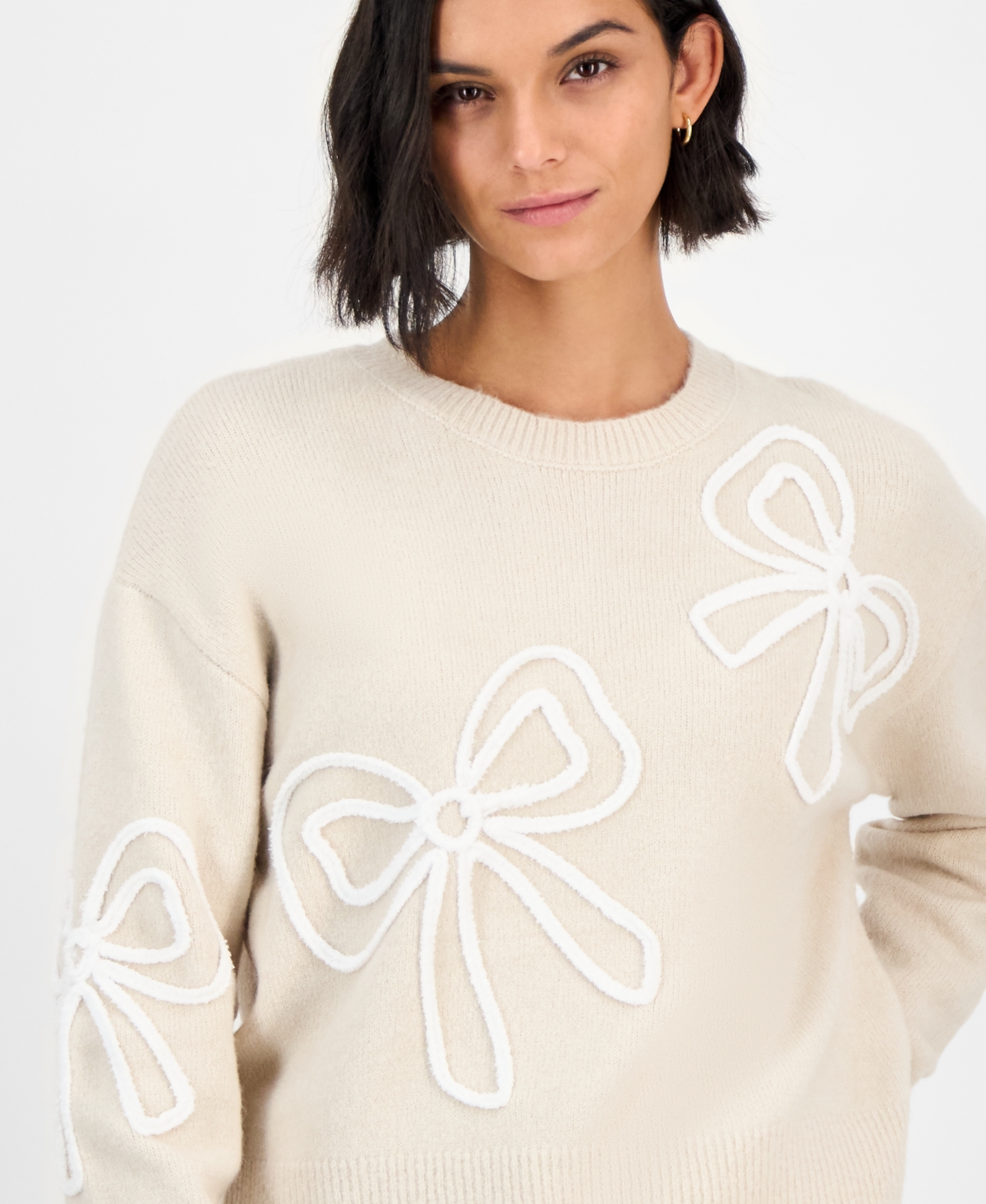 Hooked Up By Iot Juniors' Soutache Bow Crewneck Sweater In Neutral