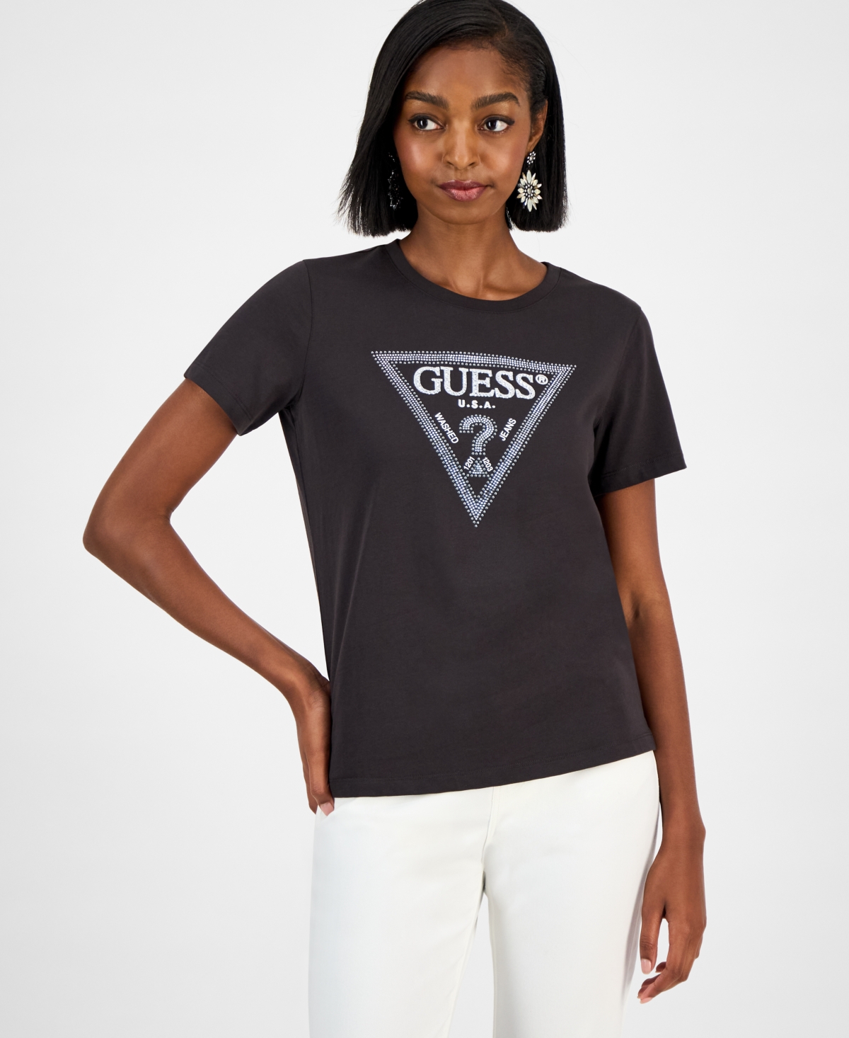 Guess Women's Embellished Triangle Short Sleeve T-shirt In Black