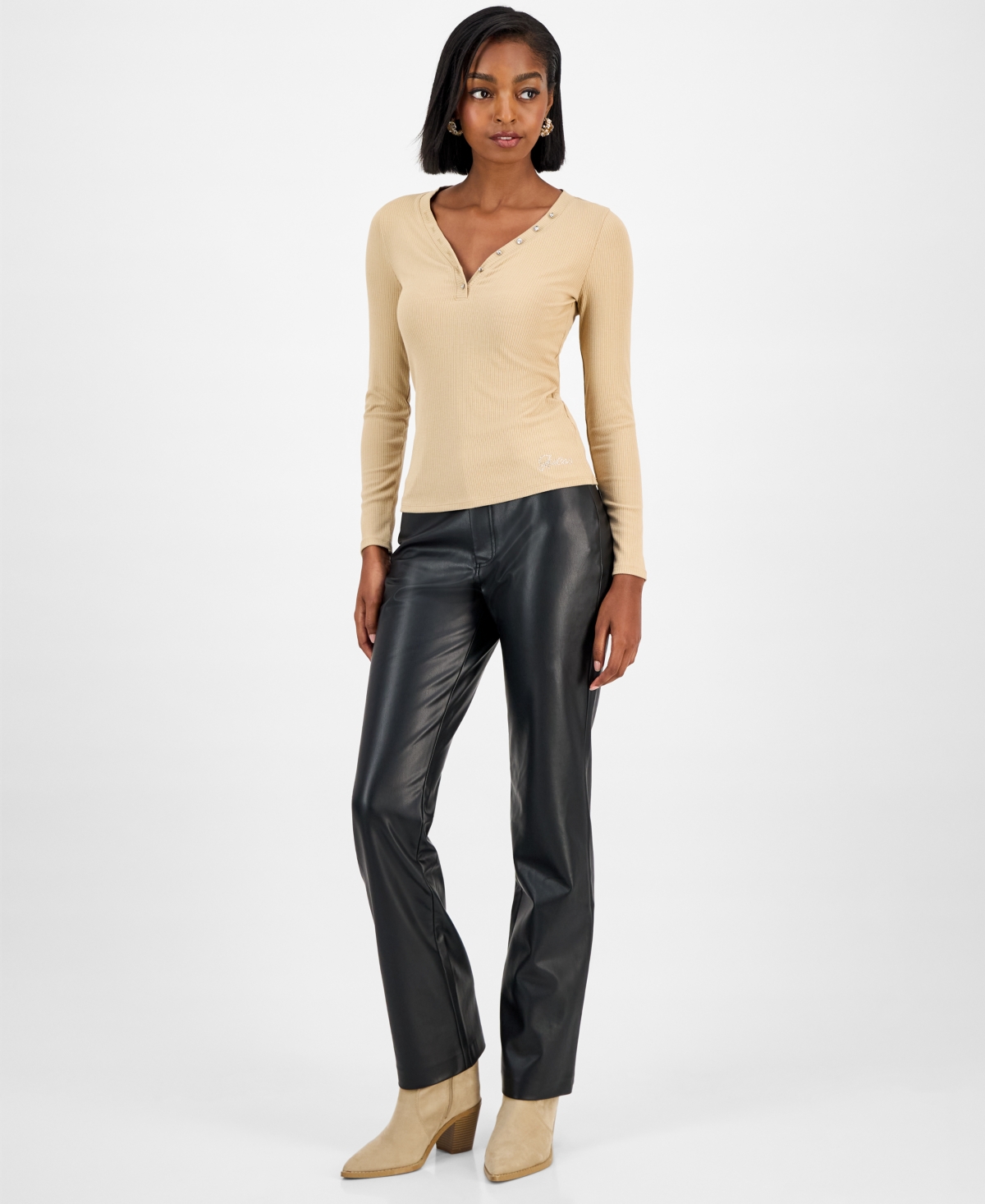 Guess Women's Kyla Ribbed Knit Henley Top