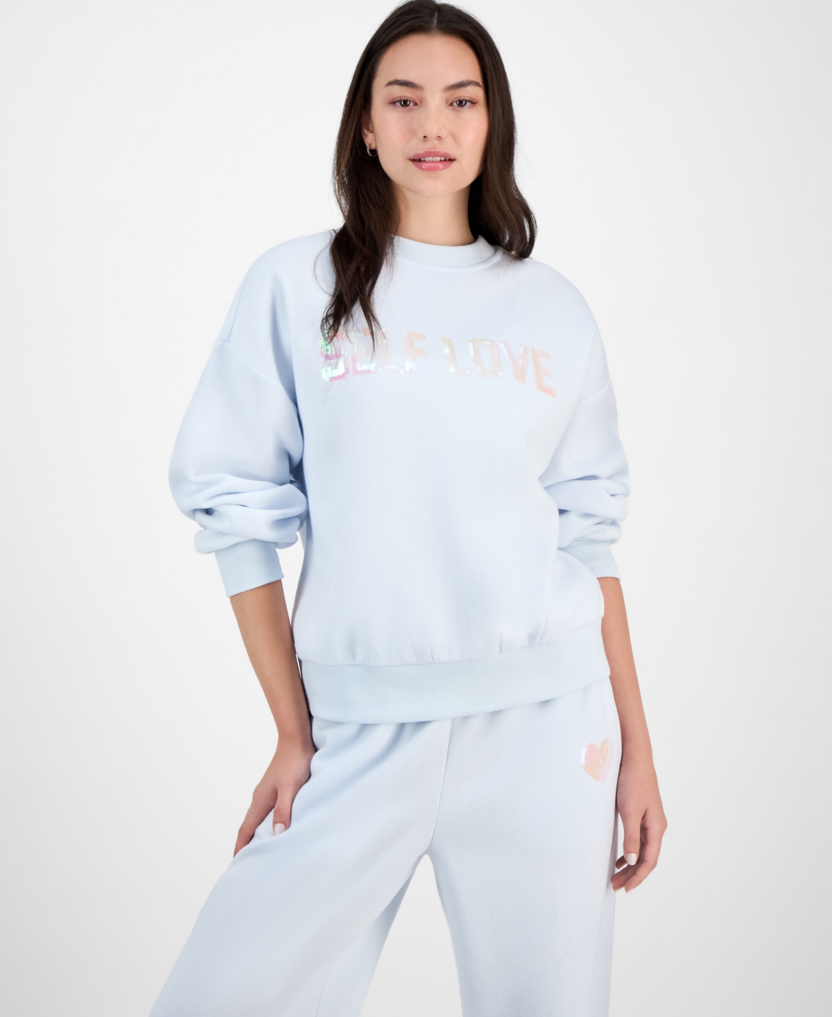 Madden Girl Juniors' Sequin Heart Wide-leg Sweatpants In Blue
