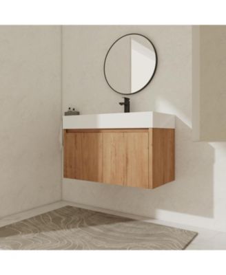 36" Floating Bathroom Vanity with White Resin Sink - Modern Wall-Mounted Cabinet with Soft-Close Doors