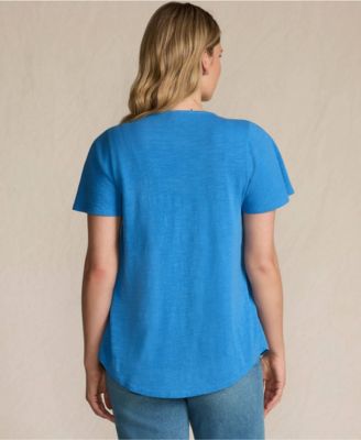 Women's Slub Flutter Sleeve Lace Trim Notch Neck Tunic Top