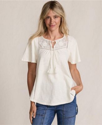 Women's Slub Flutter Sleeve Lace Trim Notch Neck Tunic Top